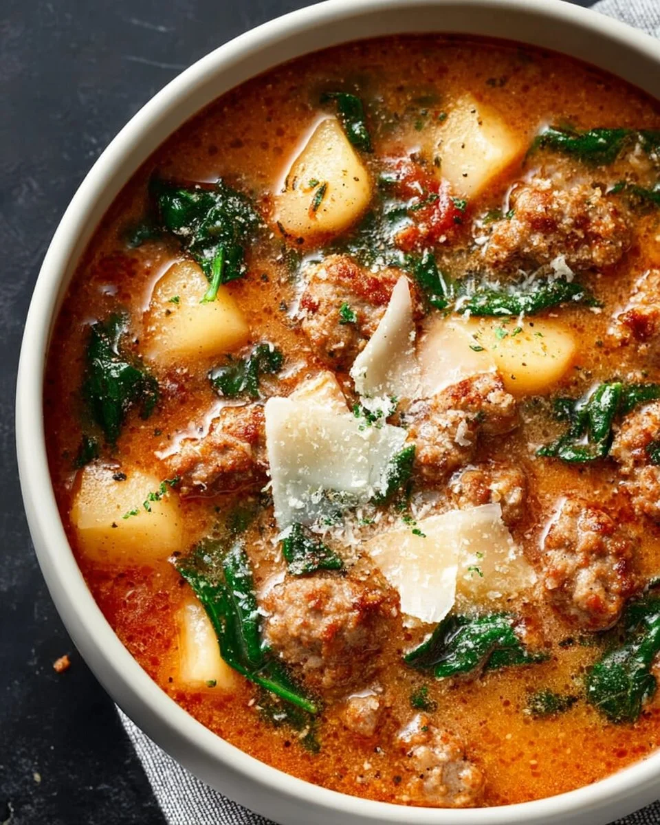 Bowl of Italian Sausage Soup with vegetables and herbs