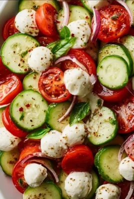 Juicy Cucumber Caprese Salad with fresh ingredients including cucumbers and mozzarella.