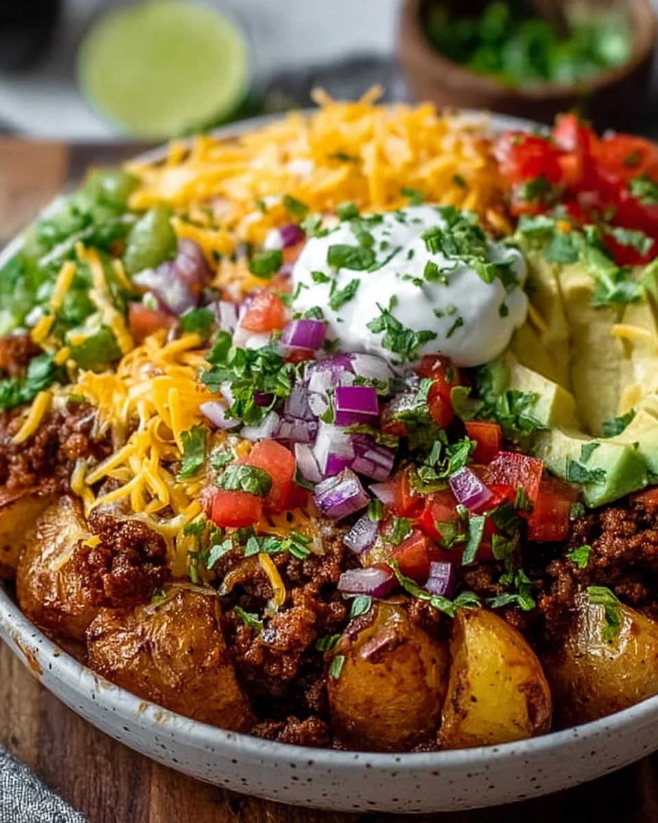 Delicious Loaded Potato Taco Bowl topped with fresh ingredients
