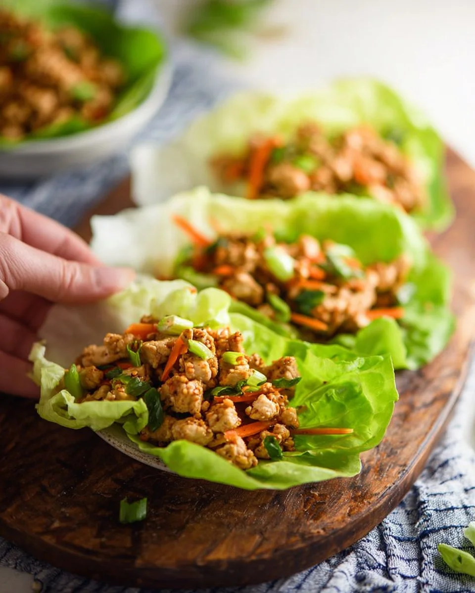 Low carb Thai chicken lettuce wraps filled with fresh vegetables and chicken