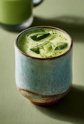 A refreshing matcha drink topped with frothy green foam in a glass