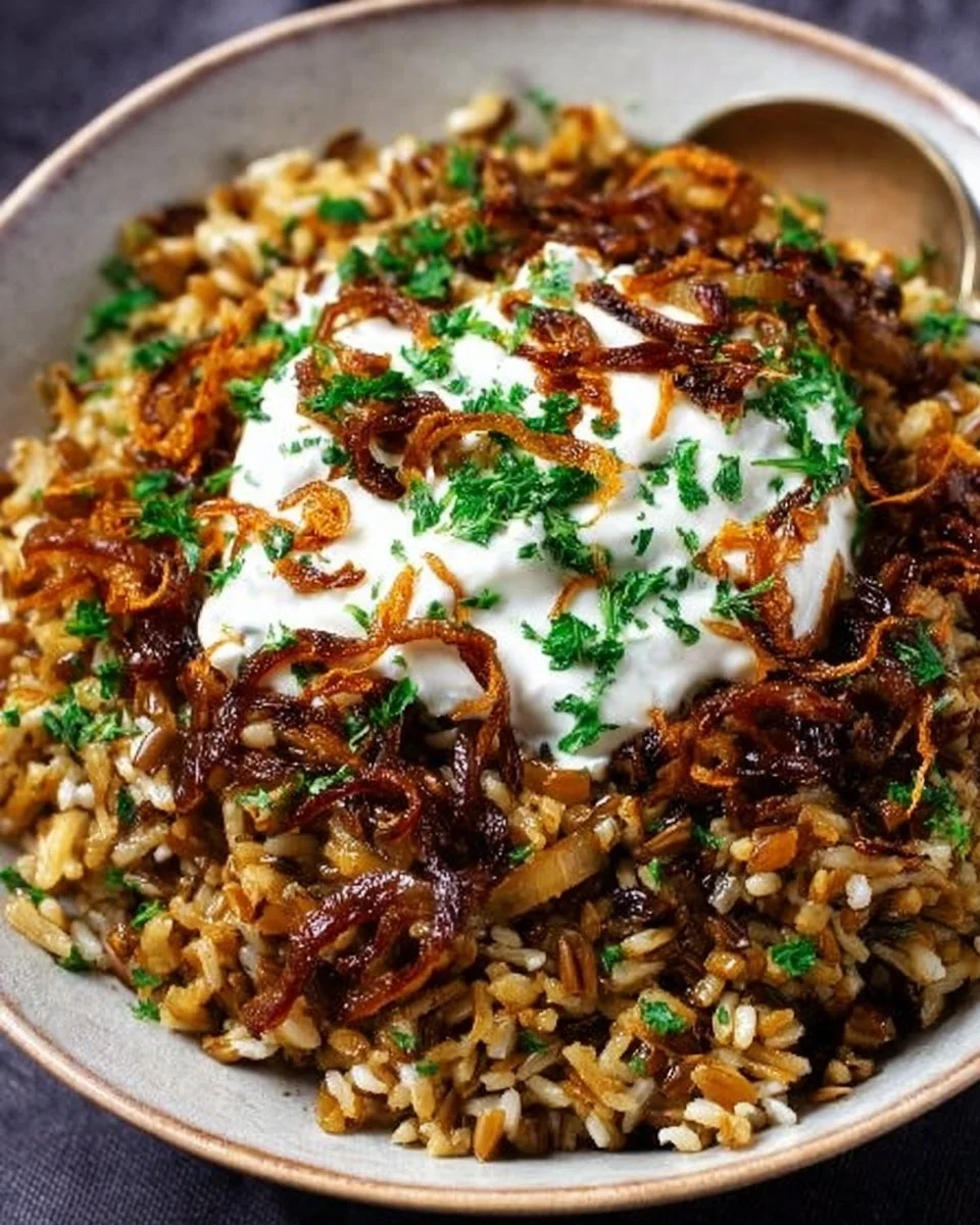 Bowl of Mujadara - a traditional Middle Eastern dish with lentils and rice topped with onions