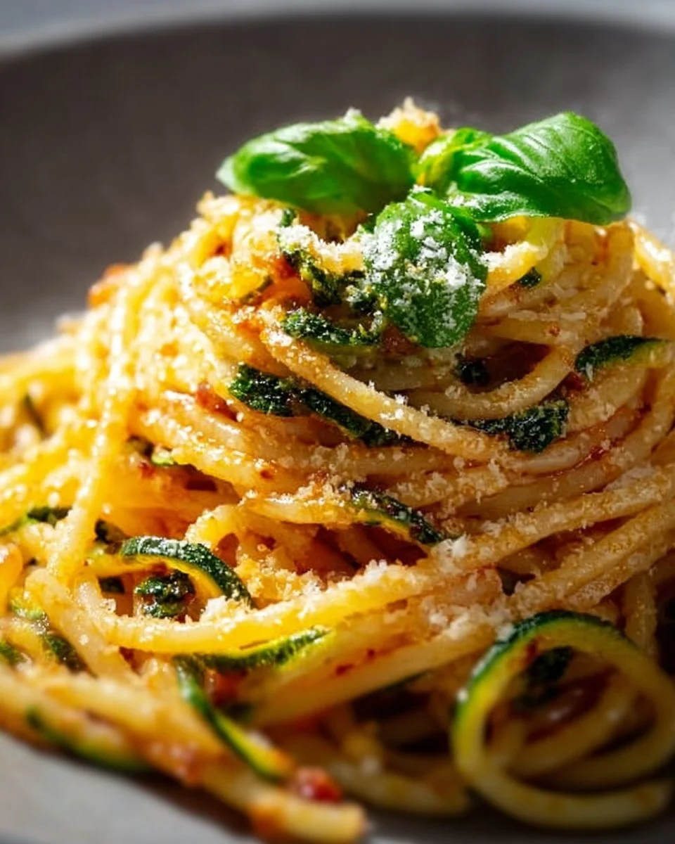 A plate of delicious Nerano Spaghetti with fresh zucchini and cheese.