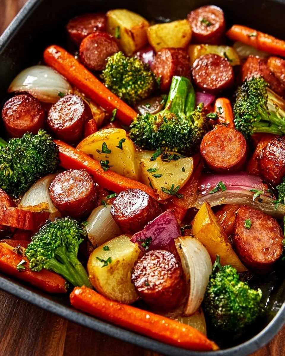 One-Pan Honey Garlic Kielbasa with colorful veggies ready to serve.
