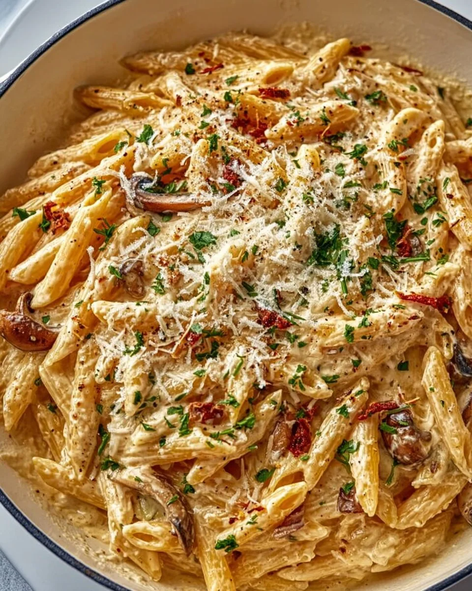 One Pot Creamy Garlic Pasta with herbs and parmesan in a skillet