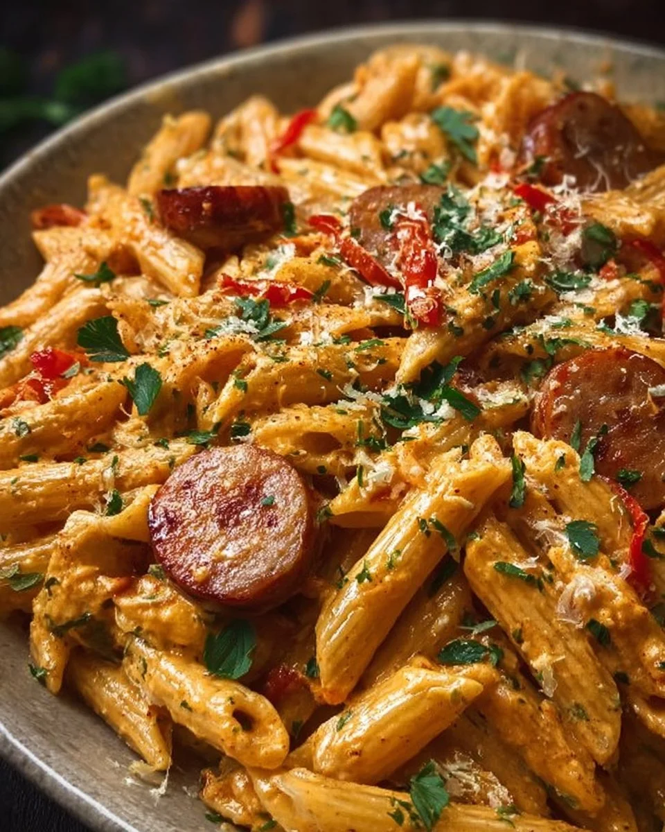 One-pot creamy spicy Cajun sausage pasta served in a bowl with herbs and spices.
