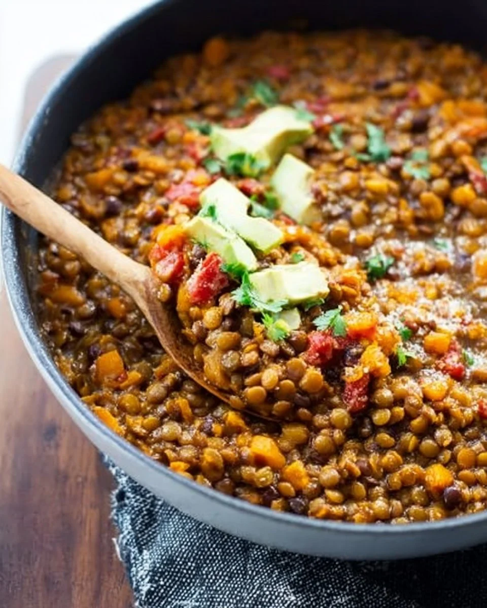 One Pot Mexican Lentils in a bowl garnished with cilantro and lime