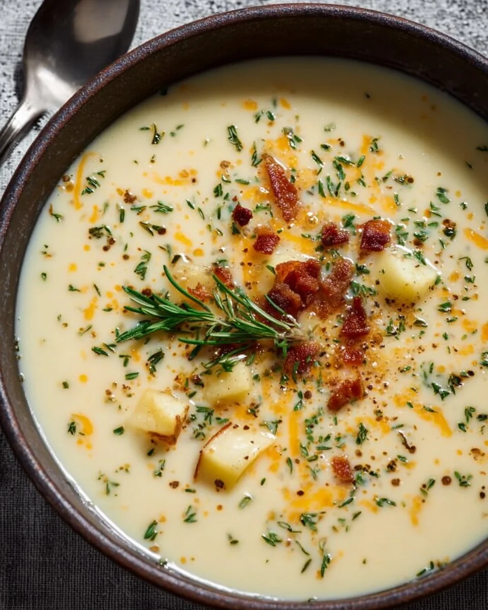 Bowl of rich and creamy Outback potato soup topped with green onions.