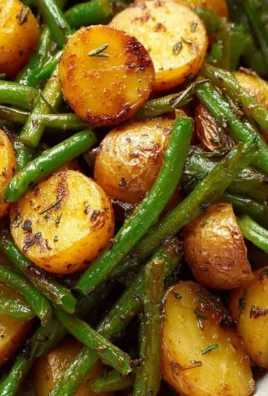 A bowl of cooked potatoes and green beans garnished with herbs.