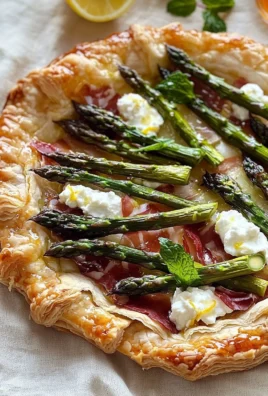 Puff pastry tart topped with fresh asparagus and creamy goat cheese