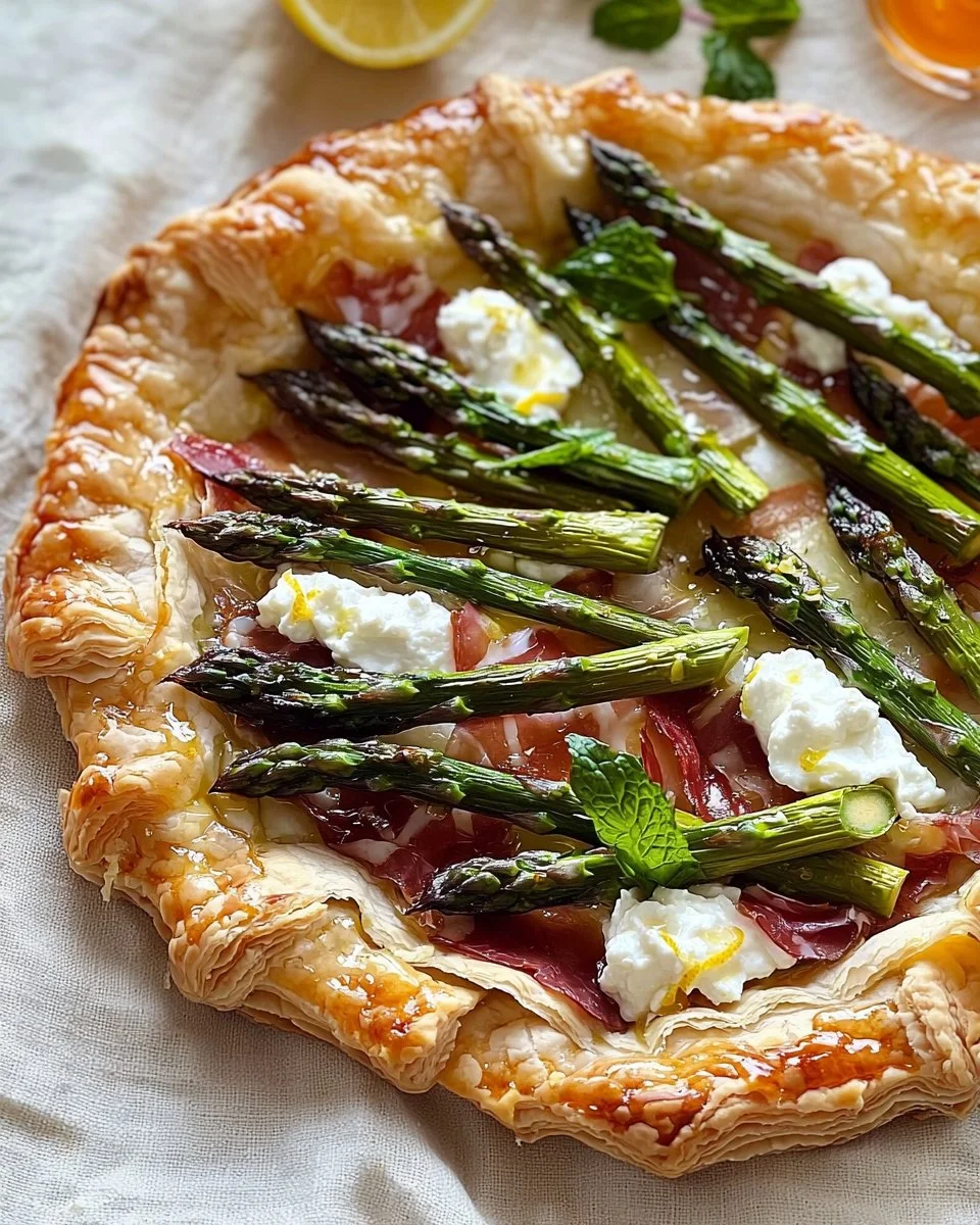 Puff pastry tart topped with fresh asparagus and creamy goat cheese