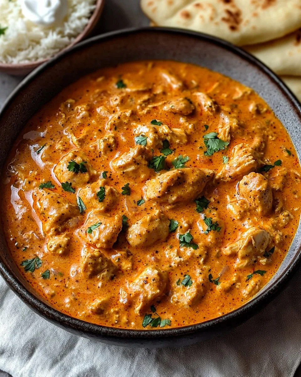 Delicious homemade butter chicken served with naan and rice