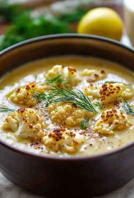 Bowl of rich Mediterranean cauliflower soup garnished with herbs