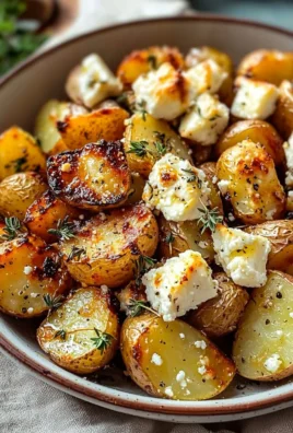 Plate of roasted potatoes with baked feta and garlic garnish