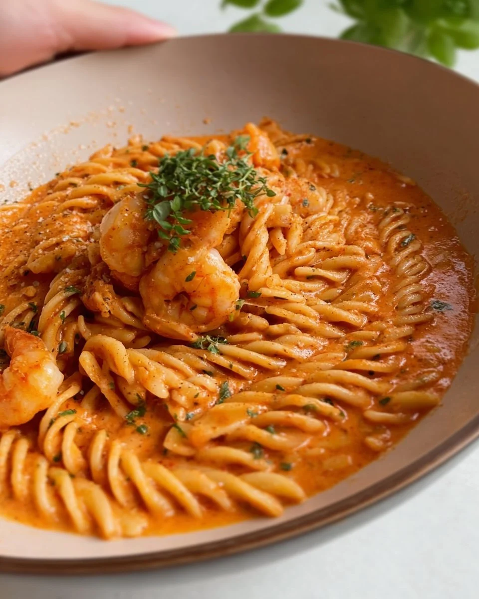 Plate of Rose Shrimp Pasta with pink sauce and shrimp garnished with parsley