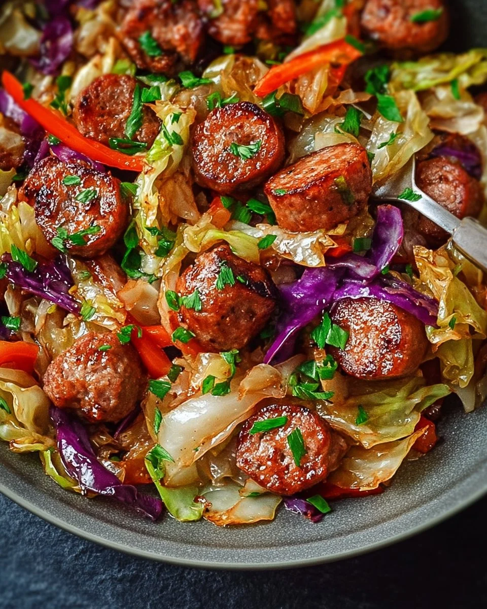 Sausage and cabbage stir fry served in a skillet