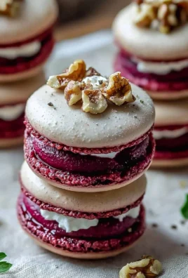 Savory beet macarons with creamy filling on a decorative plate