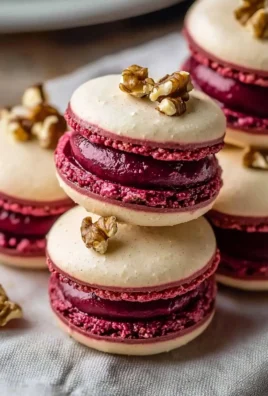 Savory beet macarons with goat cheese filling on a decorative plate