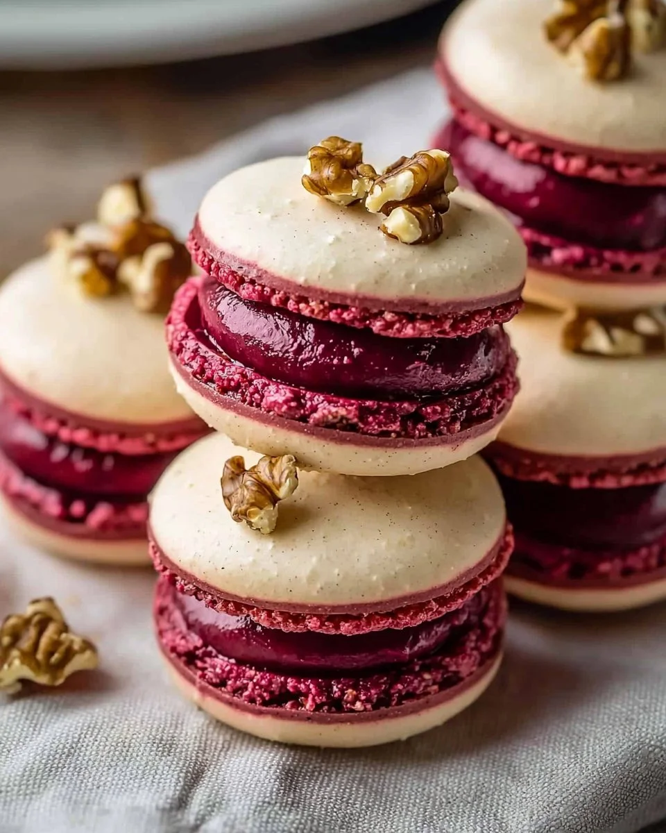 Savory beet macarons with goat cheese filling on a decorative plate