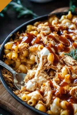 Delicious BBQ Chicken Mac and Cheese topped with shredded chicken and melted cheese