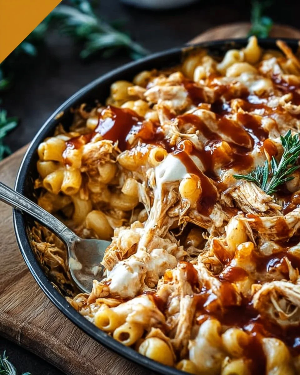 Delicious BBQ Chicken Mac and Cheese topped with shredded chicken and melted cheese