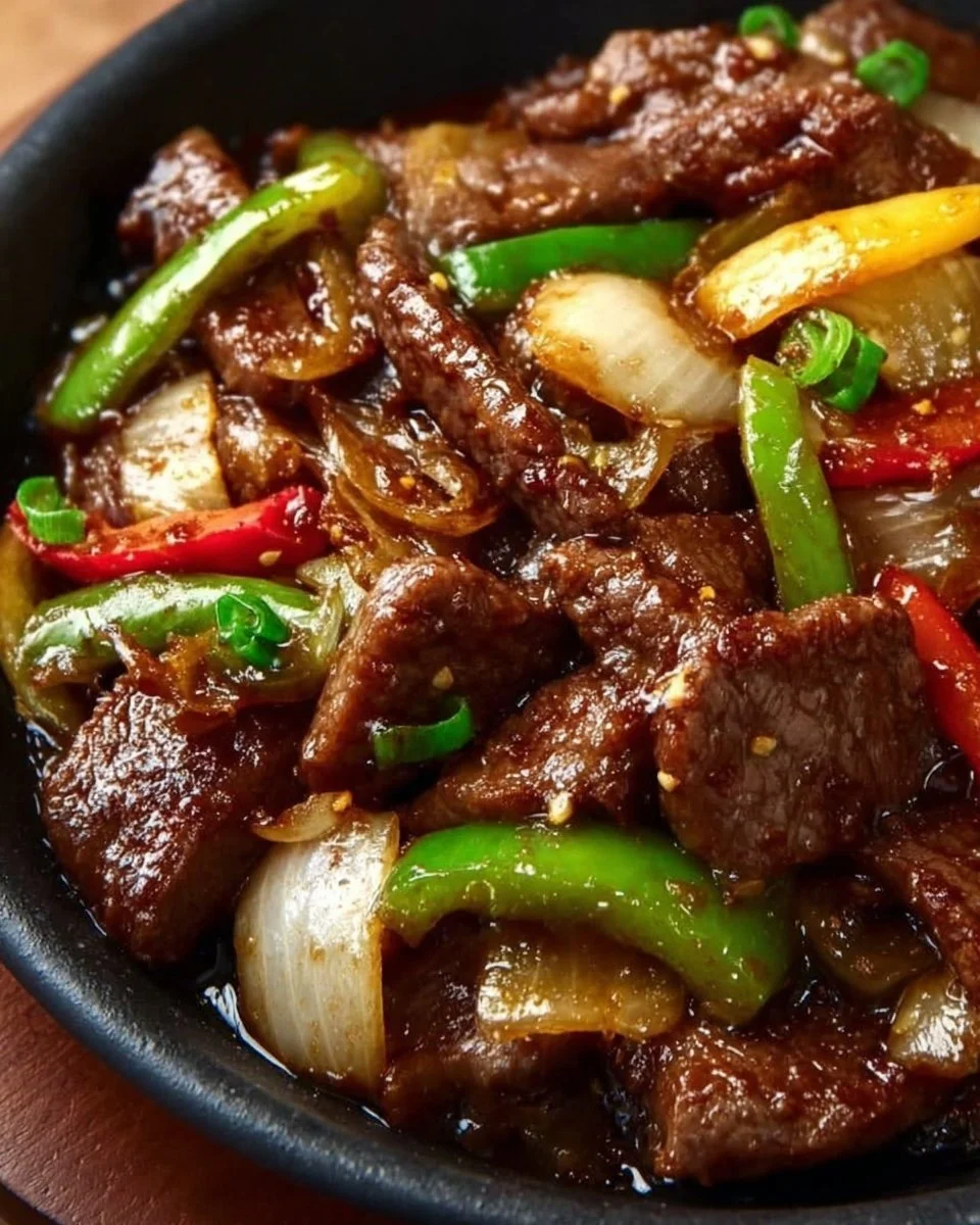 Delicious sizzling Chinese pepper steak with onions served on a plate.