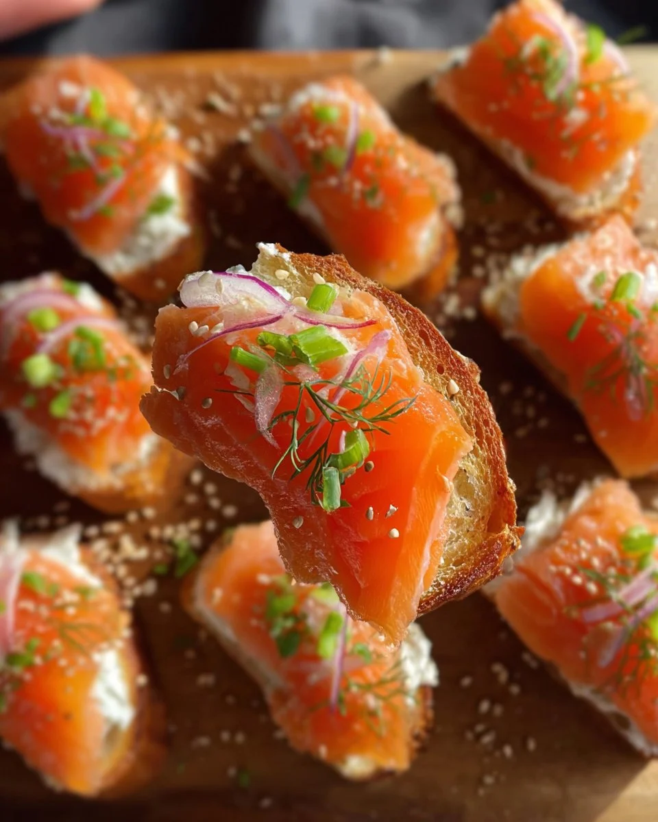 Smoked salmon crostini topped with cream cheese and herbs on a wooden platter.