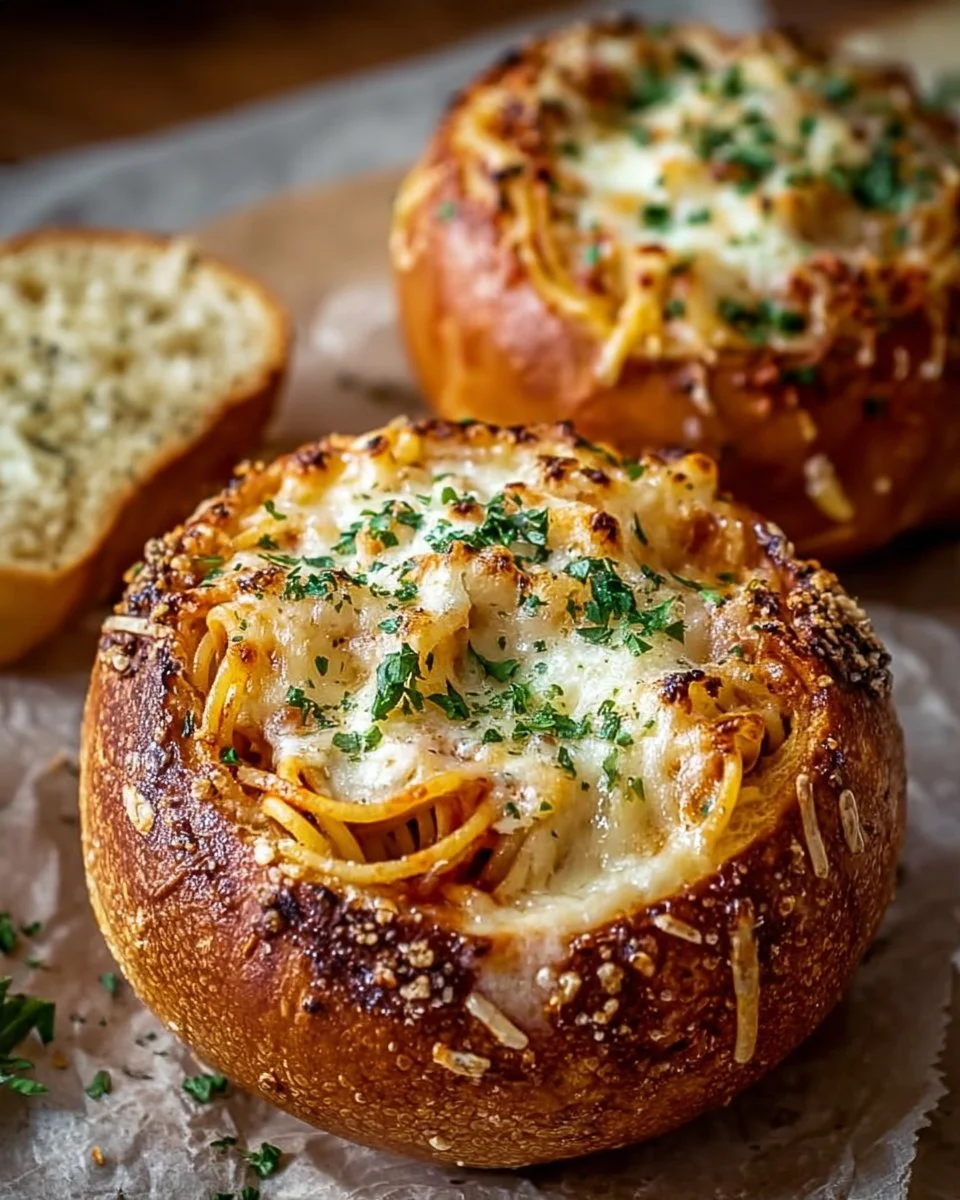 Delicious spaghetti garlic bread bowls served hot and fresh.