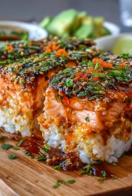 Spicy salmon sushi bake dish topped with green onions and sesame seeds
