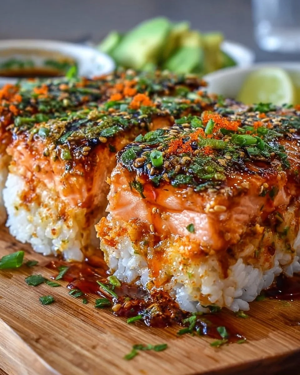 Spicy salmon sushi bake dish topped with green onions and sesame seeds