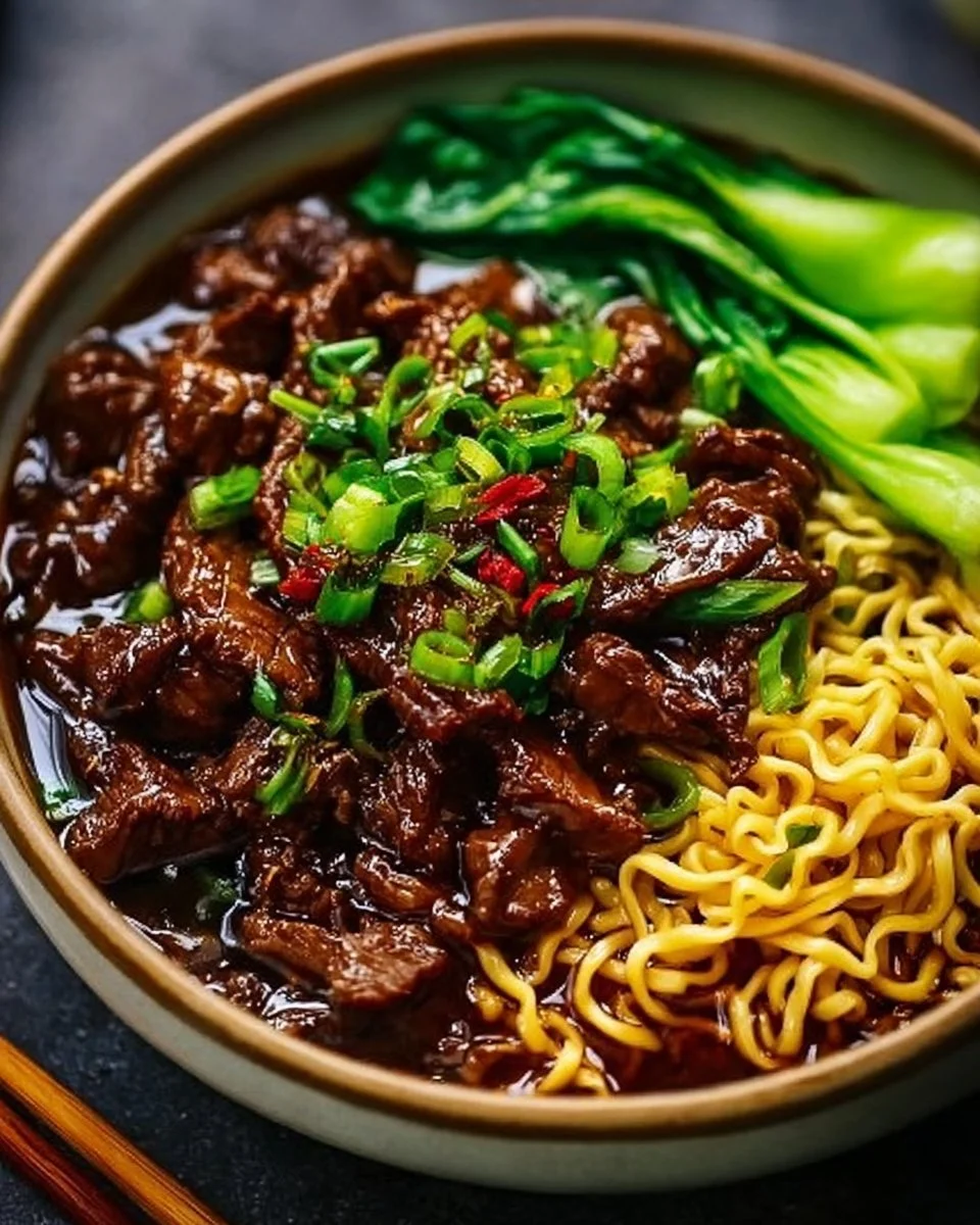 Plate of sticky beef noodles garnished with fresh herbs and vegetables
