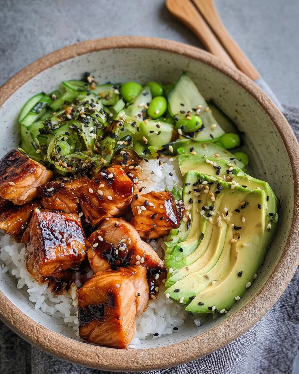 Delicious sticky gluten-free teriyaki salmon sushi bowl with fresh ingredients
