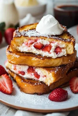 Strawberry Cream Cheese Stuffed French Toast topped with fresh strawberries