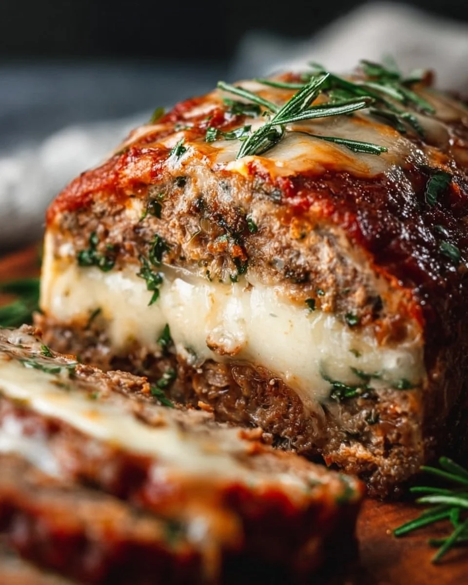 Delicious stuffed Italian meatloaf with herbs and rich tomato sauce