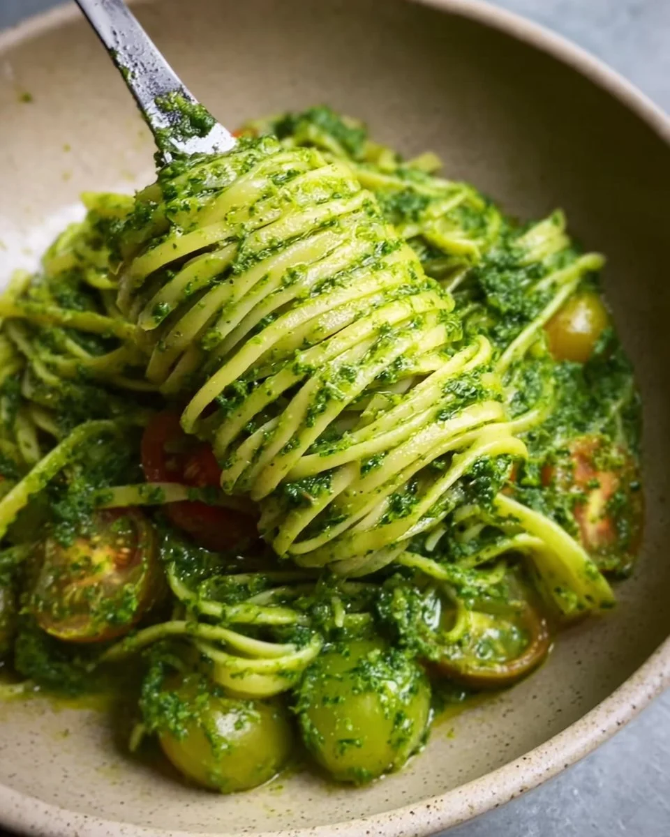 Bowl of Summer Linguine with vibrant spinach pesto garnished with fresh herbs