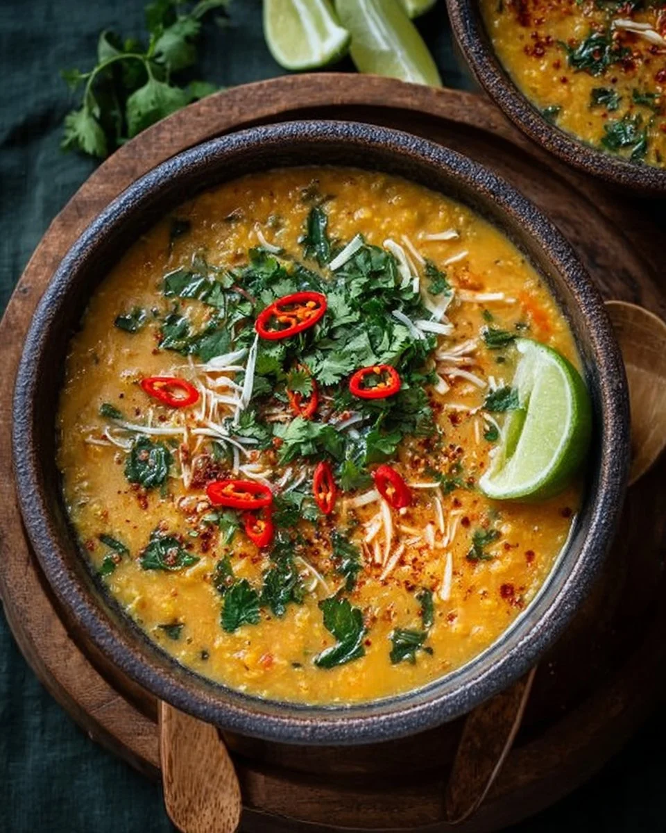 Bowl of Thai Coconut Red Lentil Soup with herbs and spices