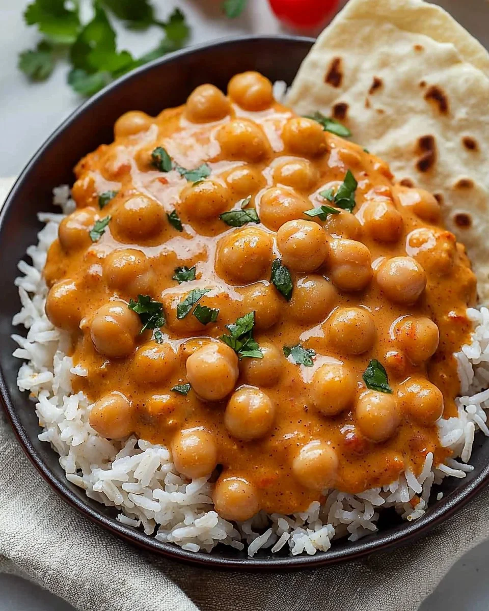 Delicious vegan butter chickpeas served in a bowl with spices and herbs