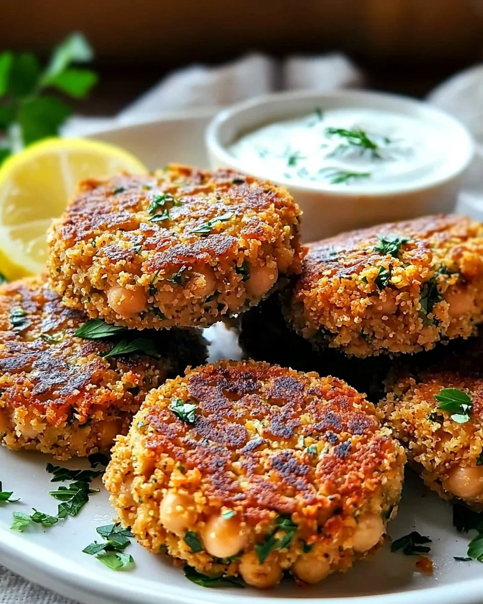 Mediterranean lemon chickpea patties served with yogurt sauce