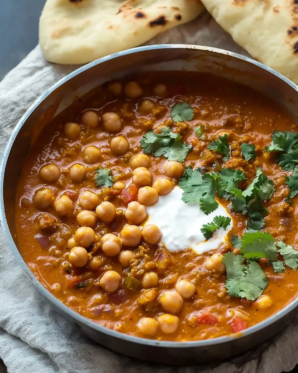 Bowl of delicious vegan chickpea curry topped with fresh cilantro