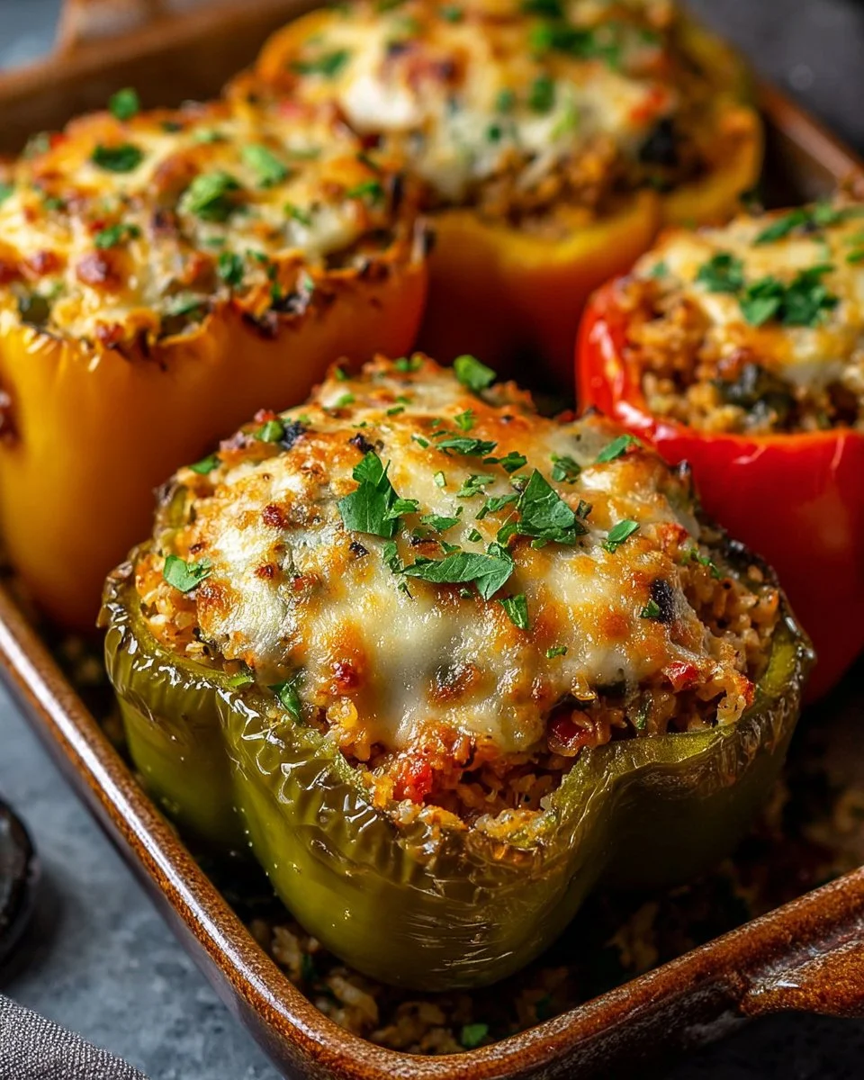 Plate of vegetarian stuffed bell peppers filled with rice and vegetables.
