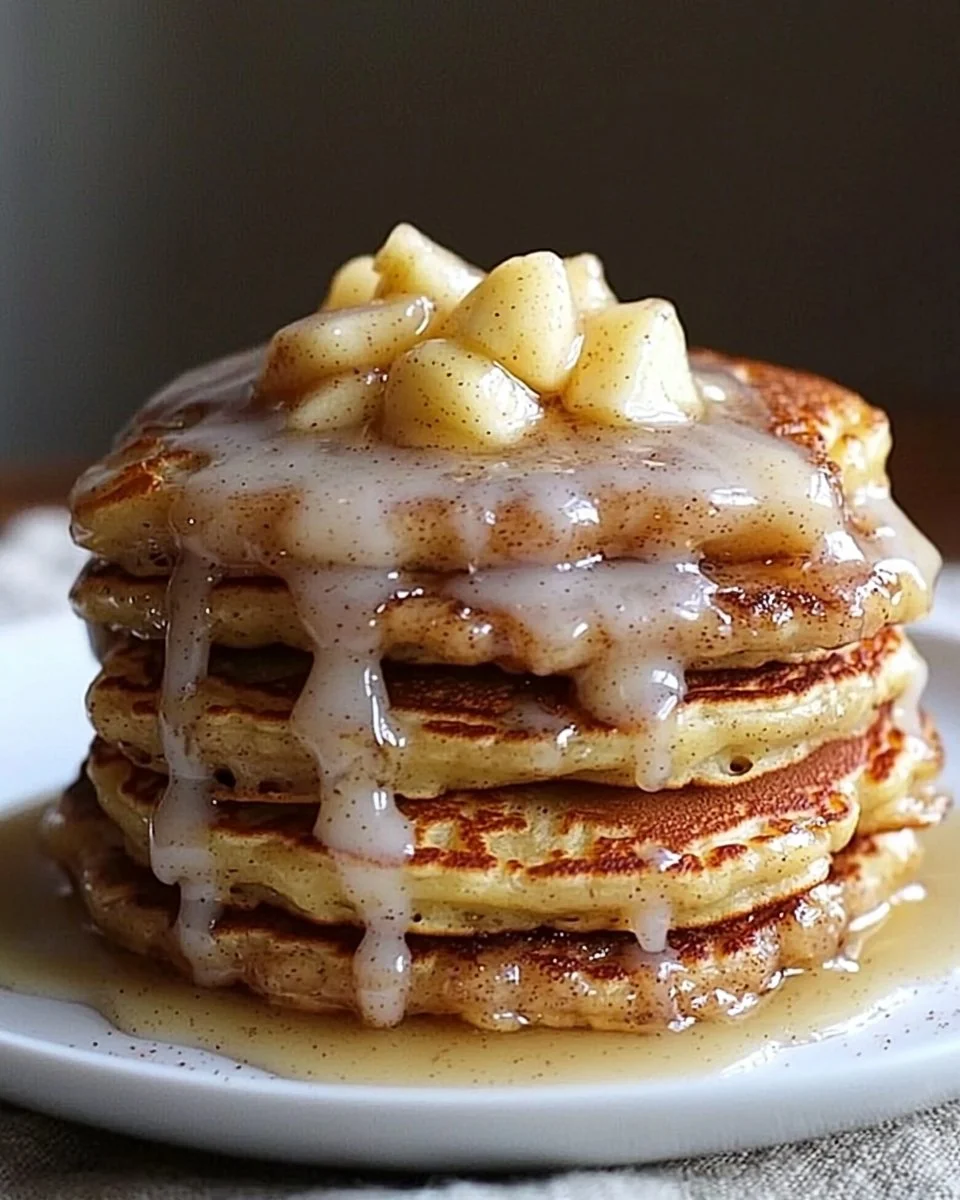 Fluffy apple fritter pancakes topped with syrup and cinnamon.