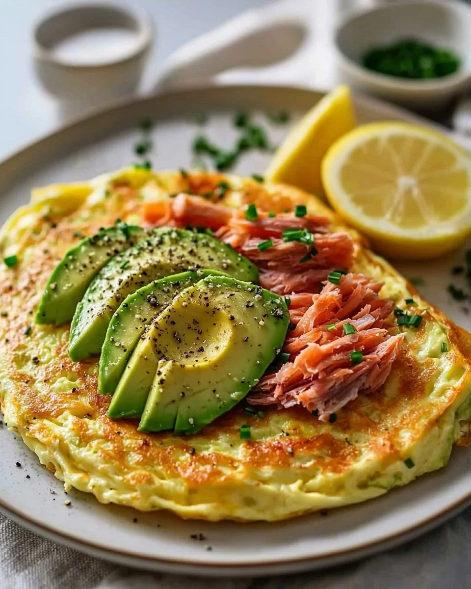 Avocado and smoked salmon omelet served on a plate