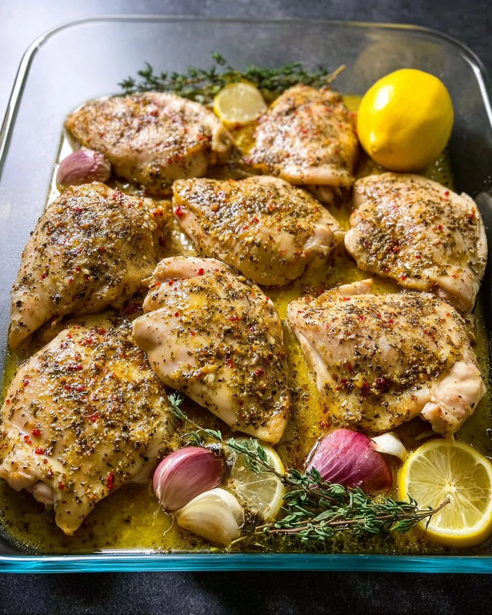 Baked Greek Lemon Chicken garnished with fresh herbs and lemon slices