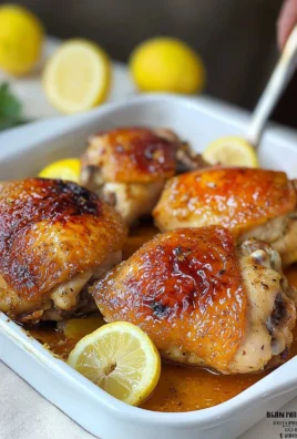 Plate of Baked Lemon Garlic Chicken garnished with herbs and lemon slices