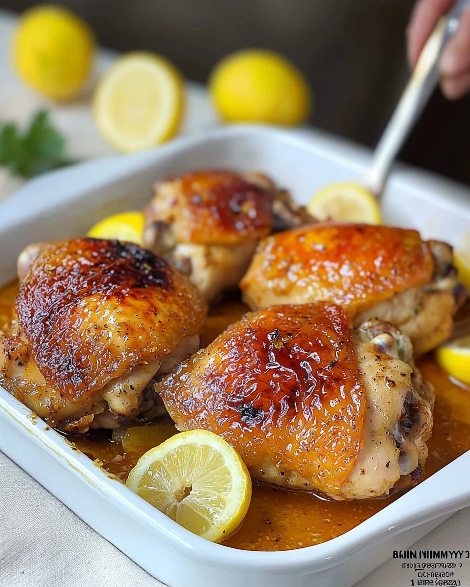 Plate of Baked Lemon Garlic Chicken garnished with herbs and lemon slices