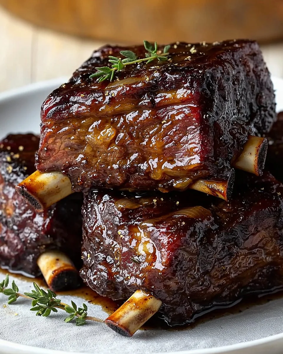 Delicious Balsamic Bourbon Short Ribs served on a plate with herbs