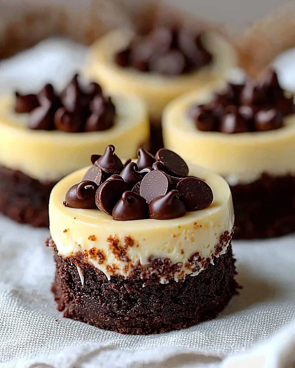Brownie Bottom Mini Cheesecakes with chocolate base and creamy topping