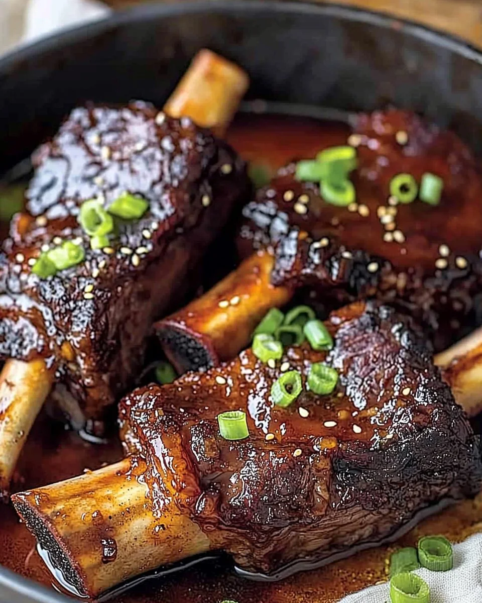Caramelized slow roast Asian beef short rib served with vegetables.
