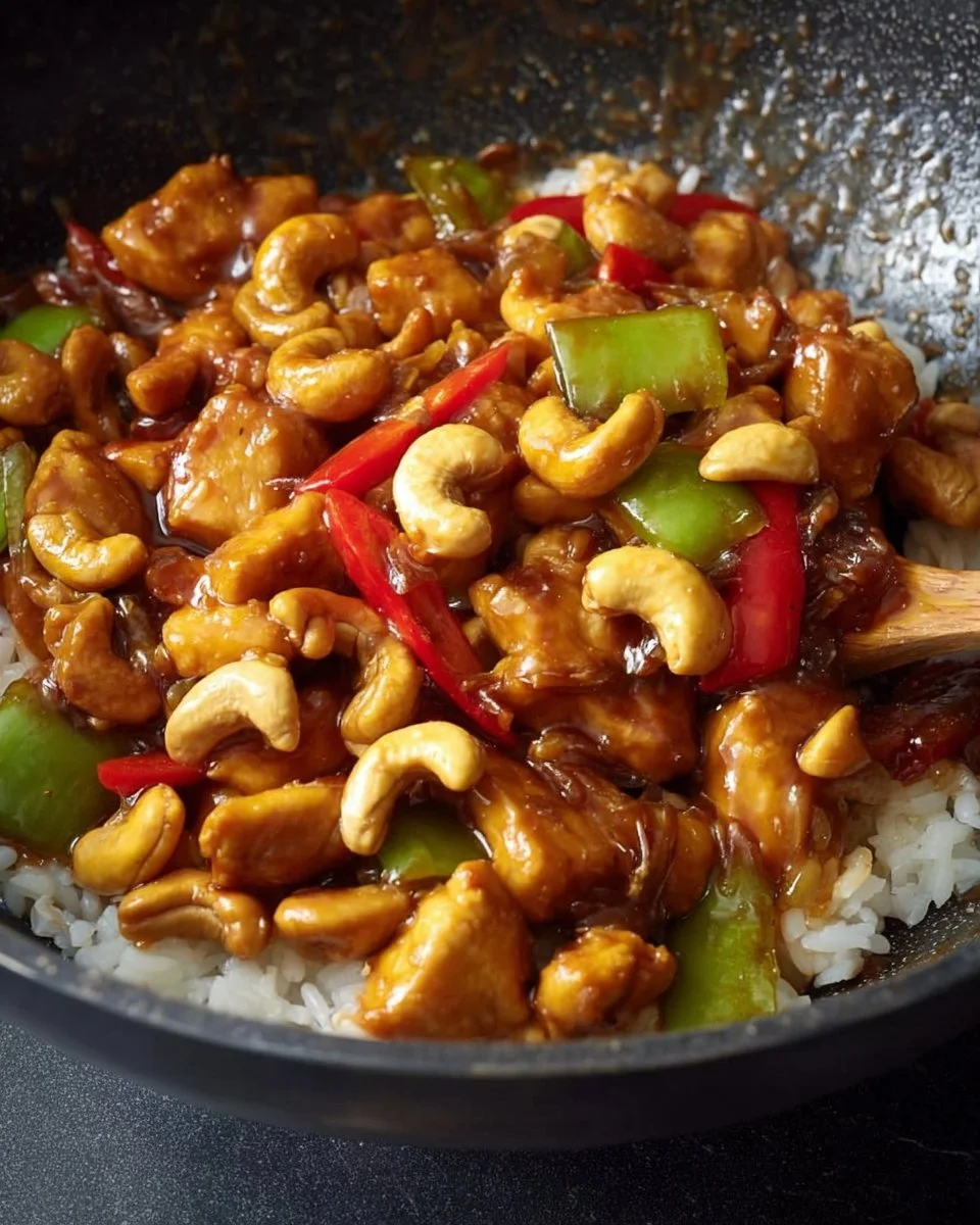 Delicious cashew chicken served with vegetables and rice on a plate.