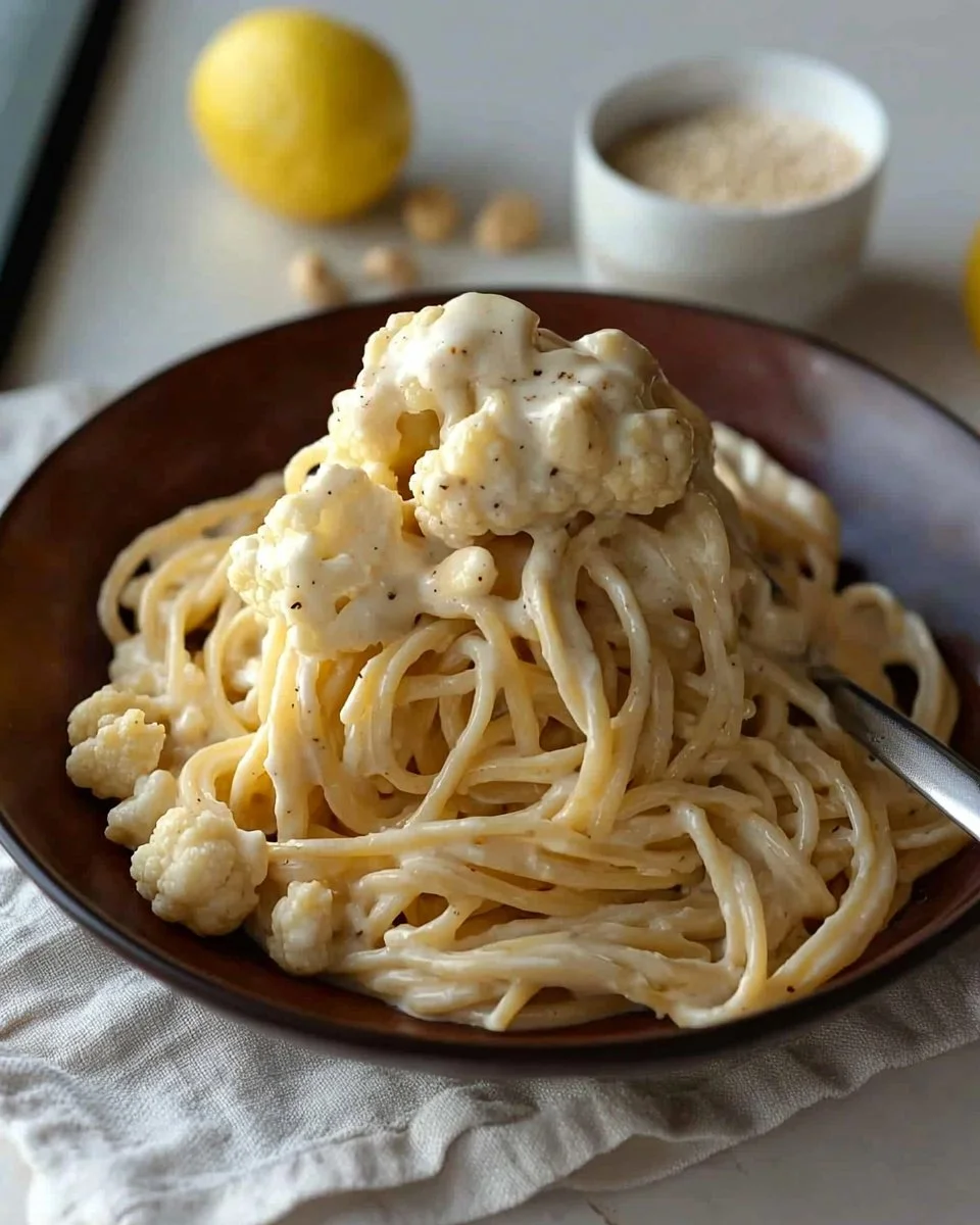 Creamy Cauliflower Alfredo sauce served over pasta with fresh herbs
